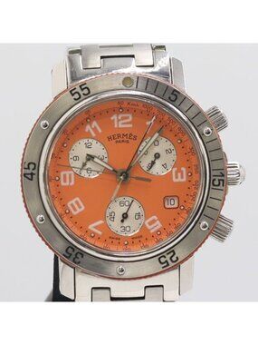 Hermes Clipper Quartz Date Orange Dial Watch Nam